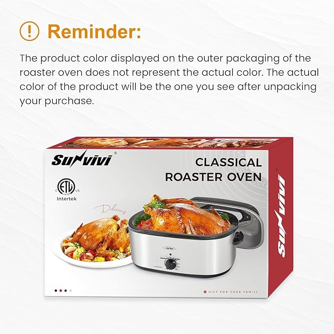Sunvivi Electric Roaster, 28-Quart Electric Roaster Oven featuring a Glass Lid, Ideal for Turkey Roasting with Self-Basting Cover, Detachable Pan, Cool-Touch Handles, Blue