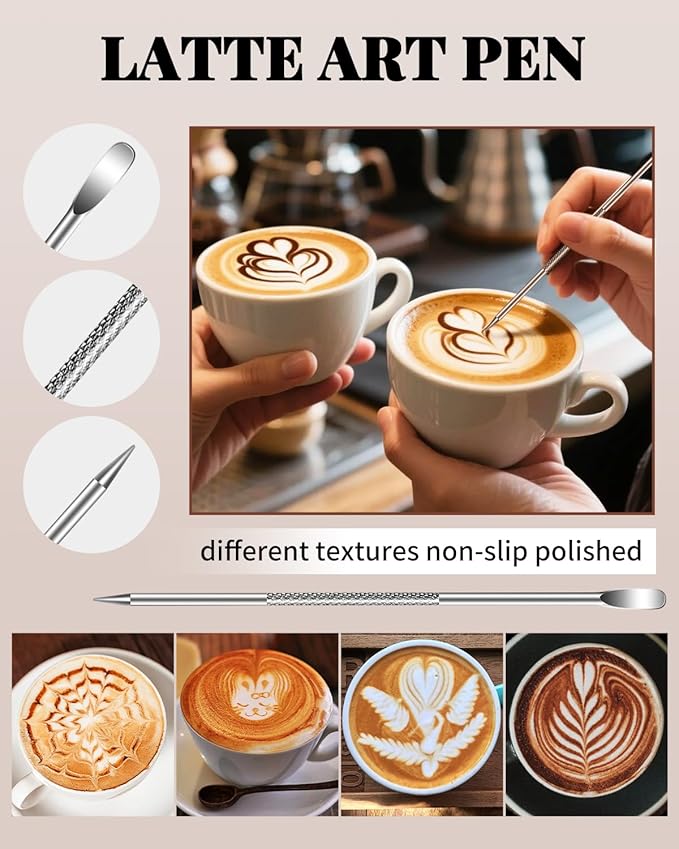 Milk Frothing Pitcher, 900ml/32oz Stainless Steel Milk Frother Cup Steaming Pitcher Espresso Machine Accessories with Decorating Art Pen, Powder Shaker, 16 PCS Coffee Decorating Stencils