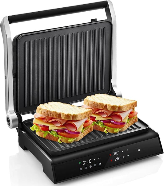 COSTWAY Electric Panini Press Grill, 1200W Gourmet Sandwich Maker w/Non-Stick Double Sided Plates & Removable Drip Tray, 3 in 1 Electric Indoor Gril, Open 180 Degrees to Fit Any Type or Size of Food