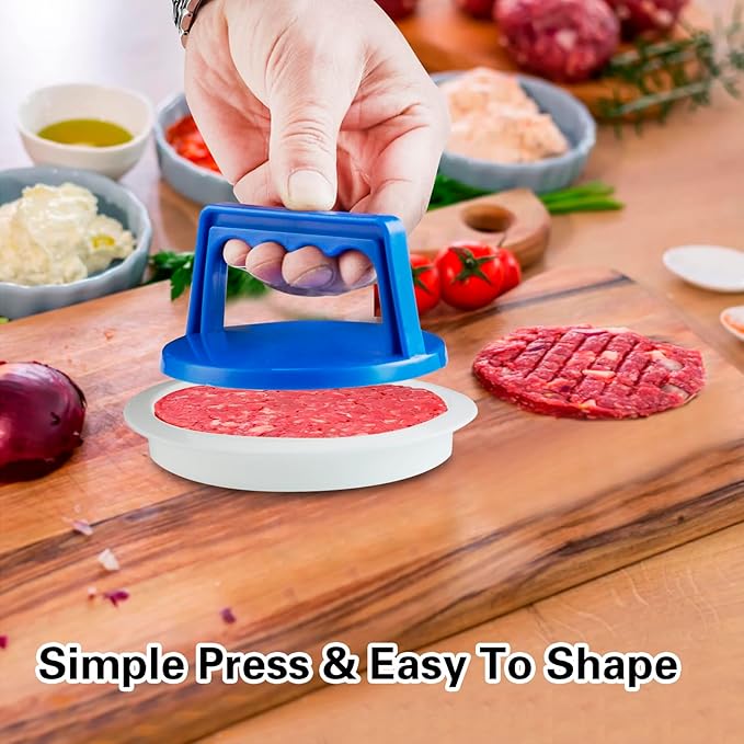 Burger Press Patty Makers, Round Non-Stick Stuffed Hamburger Press Accessories Smashed Hamburger Press Patty Burger Meat Sausage Beef Makers Mold Kitchen Gadgets for Grilling (2 Pack, Blue)