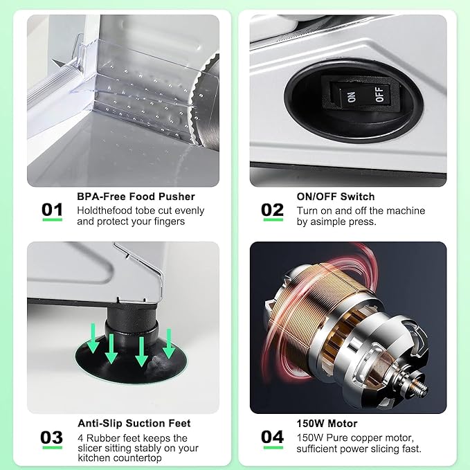 OSTBA Meat Slicer Machine, Two 6.7” Removable Stainless Steel Blades and Food Carriage, 150W Electric Deli Food Slicer for Home Use, Easy to Clean, 0-15mm Adjustable Thickness for Meat, Cheese, Bread