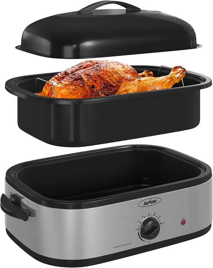14-Quart Electric Roaster Oven with Self-Basting Lid, Turkey Roaster Oven with Removable Pan and Rack, Stainless Steel, Sliver, 14 QT