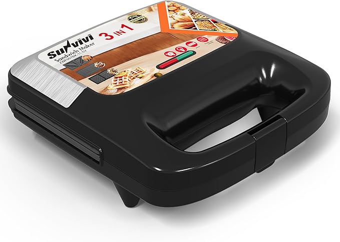 Sunvivi 3 in 1 Electric Sandwich Maker: Panini Press Grill and Waffle Iron Set, Grill and Sandwich Press with Removable Non-Stick Plates, Indicator Lights & Cool Touch Handle, 800W, Silver 1