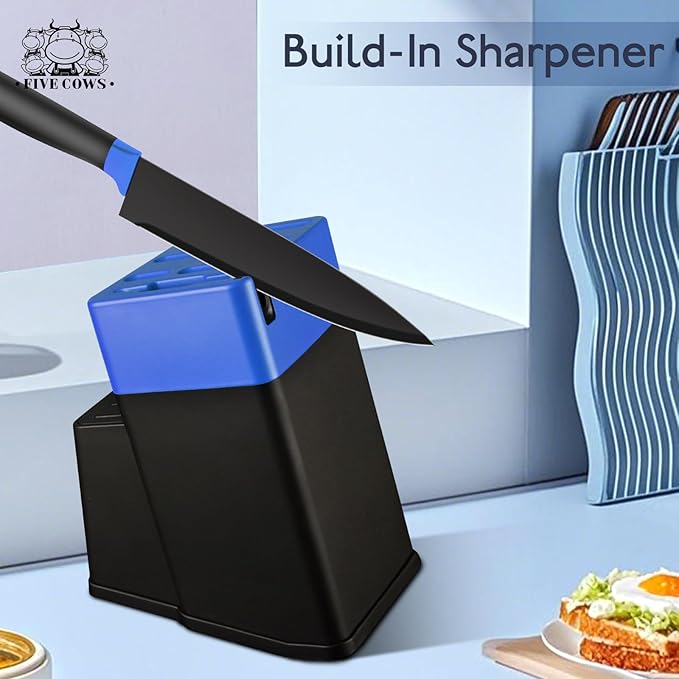 14 Pcs Kitchen Knife Block Set with Sharpener German High Carbon Stainless Steel Chef Knives, Razor-Sharp & Durable, Lightweight Anti-Slip Handle, Professional Set for Home & Kitchen (Blue)