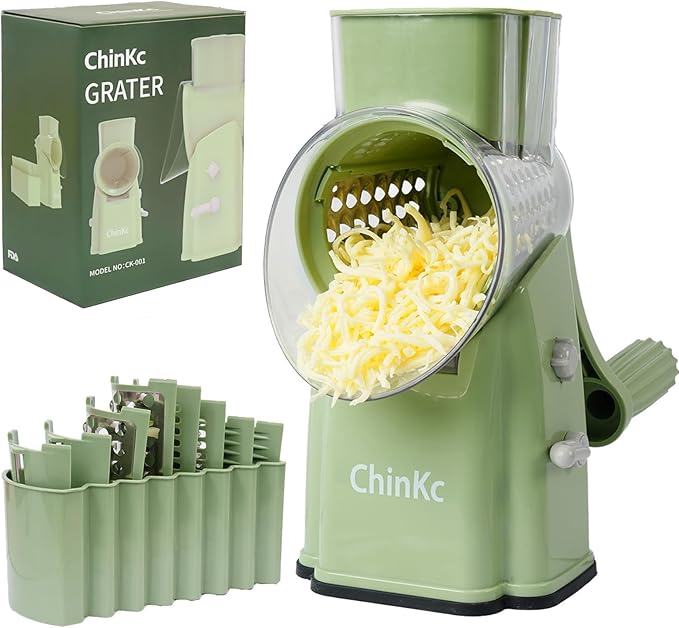 Rotary Cheese Grater Shredder - Upgraded 5 in 1 Cheese Grater with Handle and Strong Suction Base, Multi-purpose Julienne Slicer Ice Shaver Nuts Grinder for Ice, Vegetables, Fruit, Nuts
