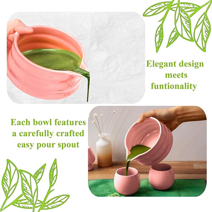 Matcha Whisk Set- Matcha Set includes Matcha Whisk and Bowl with Spout, Sifter, Holder and Scoop- The Perfect Bamboo Whisk for Matcha Tea (Pink)