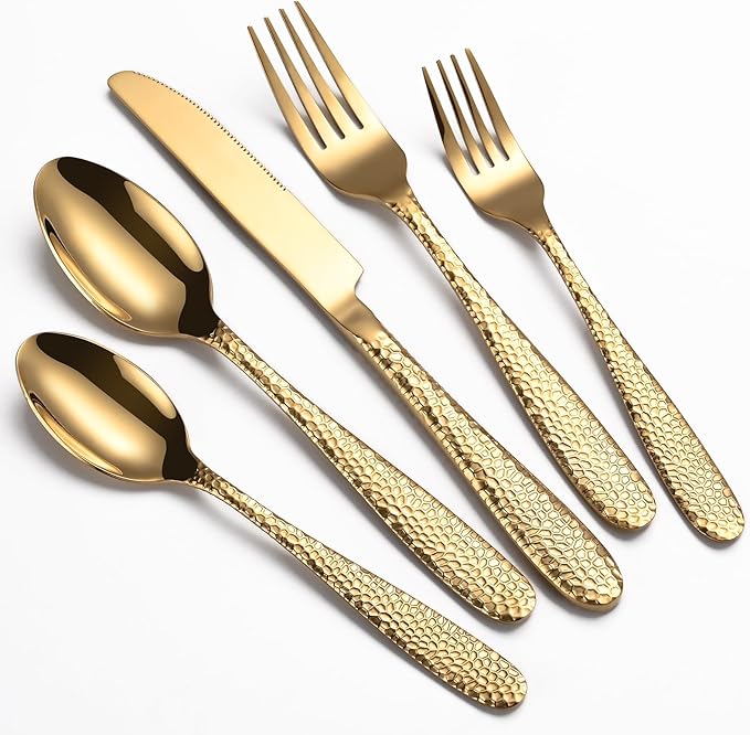 Gold Hammered Silverware Set, 40-Piece Heavy Duty Stainless Steel Flatware Sets for 8, Food-Grade Cutlery Set for Home Restaurant, Mirror Polished, Dishwasher Safe