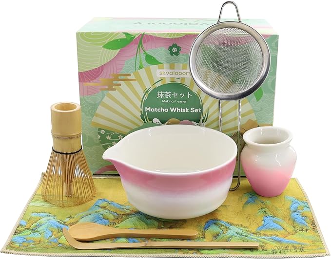 Matcha Whisk Set,7-Pcs Matcha Making Kit with Matcha Bowl,Whisk,Chasen Holder, Sifter, Tea Towel,Measuring Spoon,Bamboo Scoop,Ceremony Matcha Set Lovers Gift(Pink)