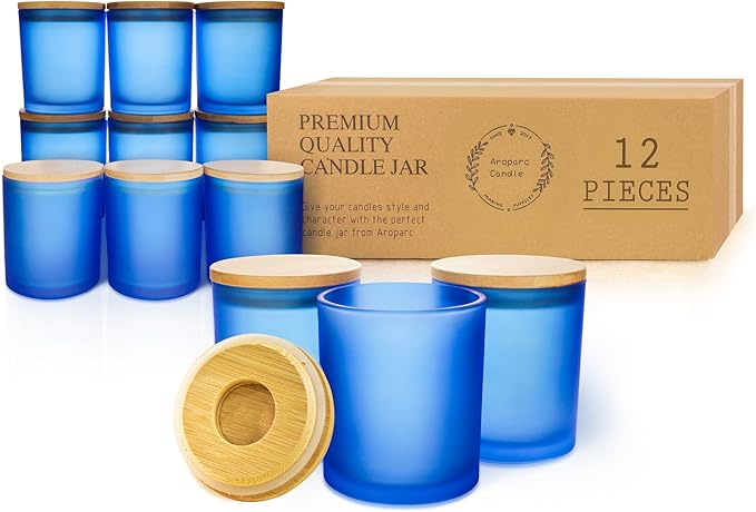 12 Pack Candle Jars for Making Candles, 10 OZ Empty Candle Jars with Bamboo Lids, Bulk Candle Containers Candle Glass - Dishwasher Safe, Frosted Blue