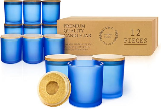 12 Pack Candle Jars for Making Candles, 10 OZ Empty Candle Jars with Bamboo Lids, Bulk Candle Containers Candle Glass - Dishwasher Safe, Frosted Blue