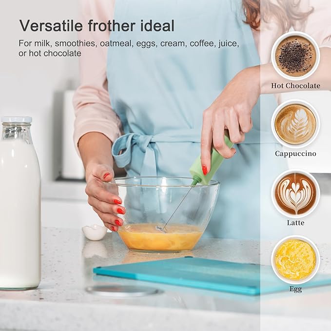 Powerful Electric Milk Frother, Battery Operated Drink Blender, Foam Maker Mixer, Milk Frother Handled for Coffee, Latte, Matcha, Protein Powder (Green)