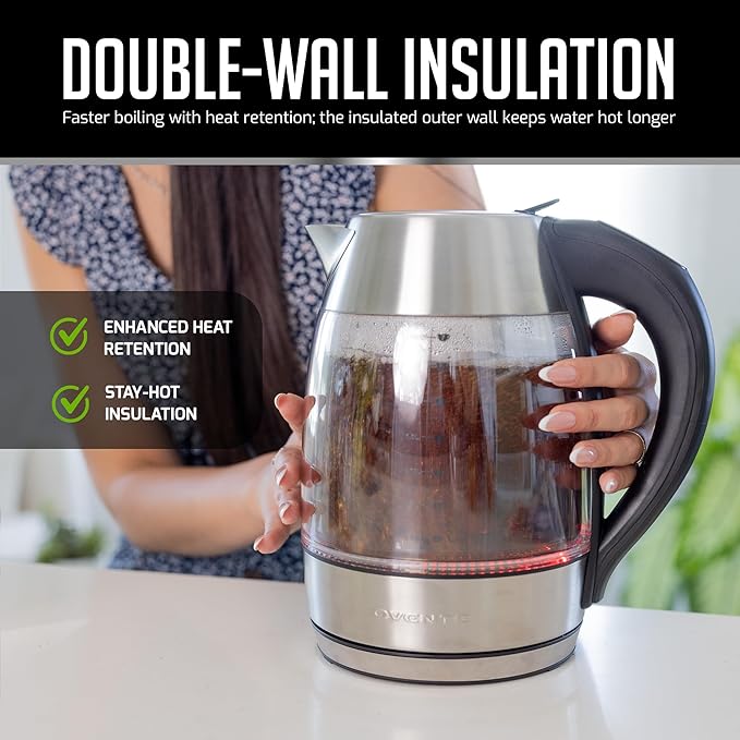 OVENTE Electric Kettle with Digital Temperature Control and Removable Tea Infuser, 1500W Water Heater, 1.7L Double-Wall Insulated Glass, Easy to Fill Lid, Keep Warm Function, and Auto Shut-Off, KD68S