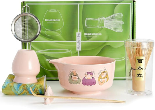 Matcha Whisk Set,7 Pcs Pink Matcha Kit with Ceramic Bowl,Bamboo Whisk & Holder,Scoop,Rest,Sifter and Tea Towel–Japanese Tea Set for Matcha Lovers