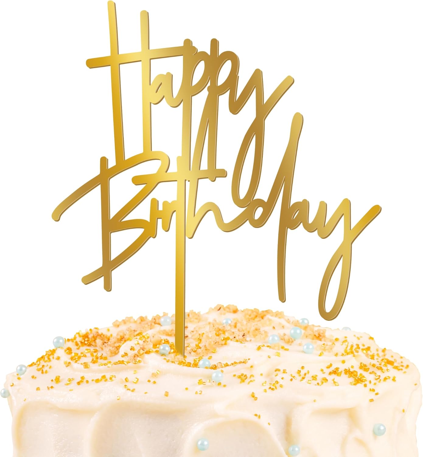 1PCS Gold Birthday Cake Topper, 5.3 x 7.2 Inches Acrylic Happy Birthday Cake Sign, Glitter Mirror Cake Topper Decorations for Anniversary, Bridal Shower, Birthday Party Supplies