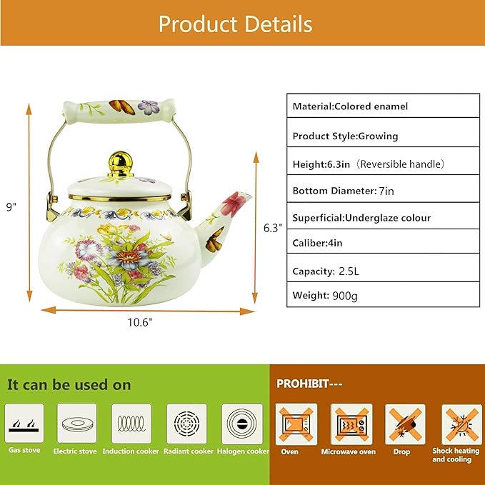 Floral Enamel Tea Kettle Vintage Teapot Colorful Boho Hot Water Bohemian Plant Flowers Print Coffee Kettle Pot 2.5L Porcelain Tea Pot for Stovetop Kitchen Decor