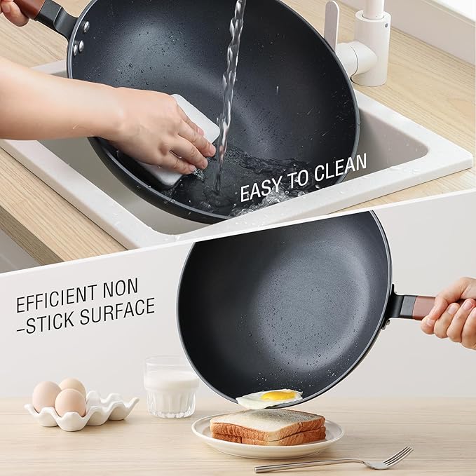 Nonstick Wok with Lid, 13 Inch Woks & Stir Fry Pans Nonstick, Carbon Steel Wok for Cooking, Pre-Seasoned Flat Bottom Chinese Wok for Induction, Electric, Gas Stoves