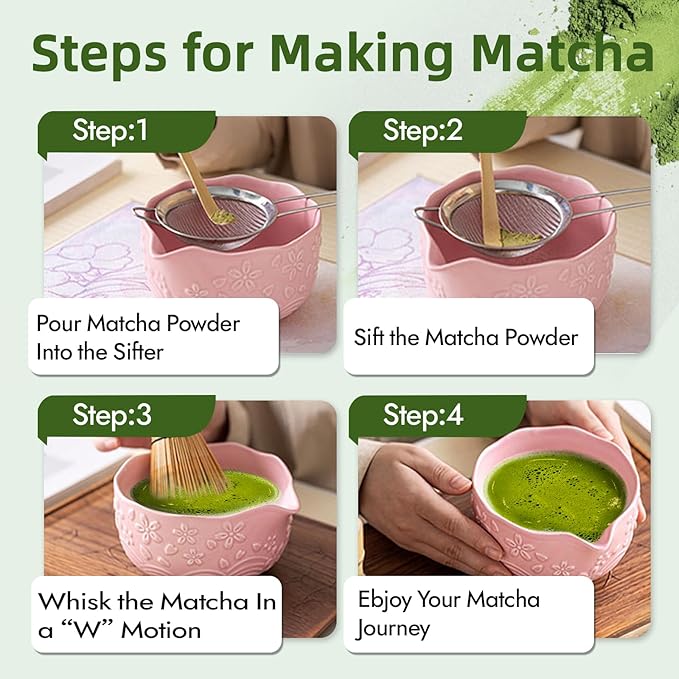 Matcha Whisk Set, Pink Matcha Set, Matcha Set Whisk and Bowl Made of Ceramic, Matcha Kit Includes Matcha Whisk, Matcha Whisk Holder, Bamboo Scoop, Powder Sifter - 7 Pcs Matcha Kit for Matcha Lovers