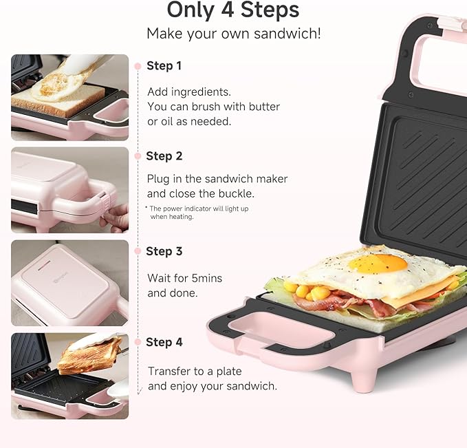 SIMPLUS Electric Sandwich Maker with Non-Stick Plates, Indicator Lights, Cool Touch Handle, Easy to Clean and Store, Perfect for Cooking Breakfast, Grilled Cheese, Tuna Melts and Snacks, Pink