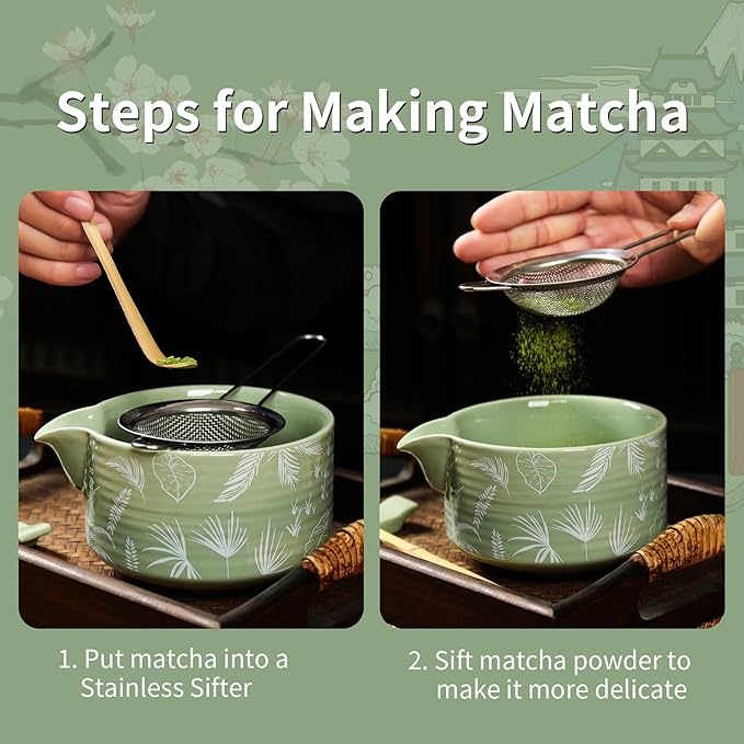 Matcha Whisk Set, 7 PCS Japanese Tea Set Includes Matcha Bowl with Spout, Whisk & Holder, Bamboo Scoop, Stainless Sifter, Towel, Ceramic Matcha Kit Making Tools, Gift for Matcha Lovers, green
