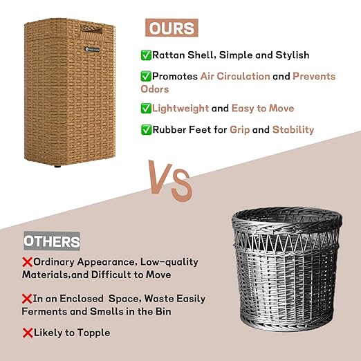 Ypati Rattan Trash Can with Lid, Wicker Bathroom Garbage Bin with Removeable Liner, 4 Gallon Small Waste Basket for Home, Outdoor Patio, Dorm, Office, Boho Decor, with Trash Bags, Yellow, Eureka