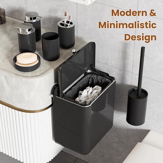 7-Piece Black Bathroom Set with Suction Wall Trash Can - Space Saving Organizer Kit with Toilet Brush, Liquid & Foam Soap Dispenser, Toothbrush Holder, Cup, Soap Dish for Bathroom Kitchen