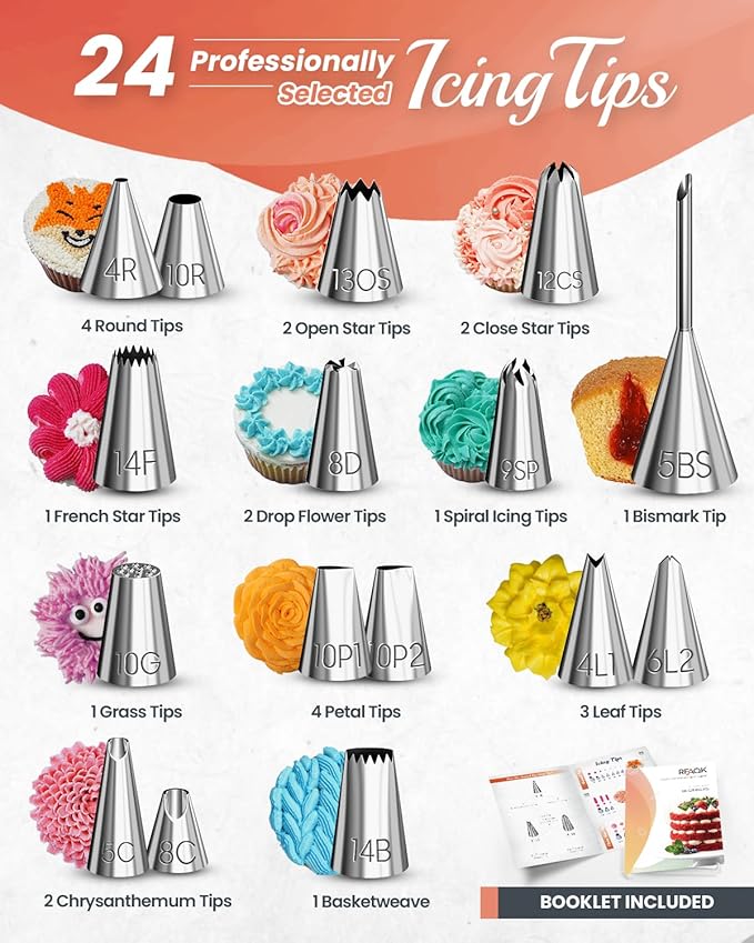 RFAQK 700PCs Cake Decorating Kit with Baking Supplies - Cake Turntable for Decorating with Baking Pans, Leveler, 24 Numbered Piping Tips, 2 Spatulas, Fondant Tools, Video Course, Pattern Chart & More