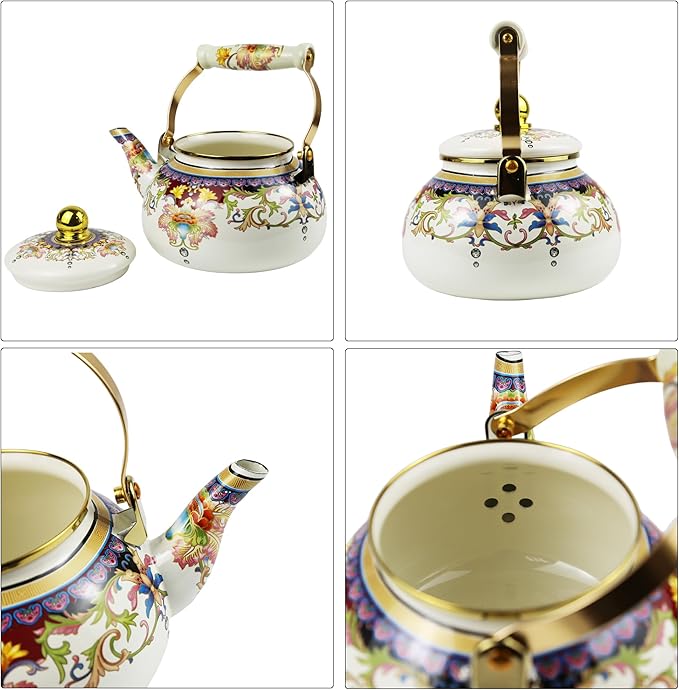 2.5L Floral Enamel Tea Kettle with Ceramic Handle, Stovetop Teapot - Lead-Free, No Whistle, Ideal Gift for Tea Lovers, Used for Drinking Tea in Camping Courtyards