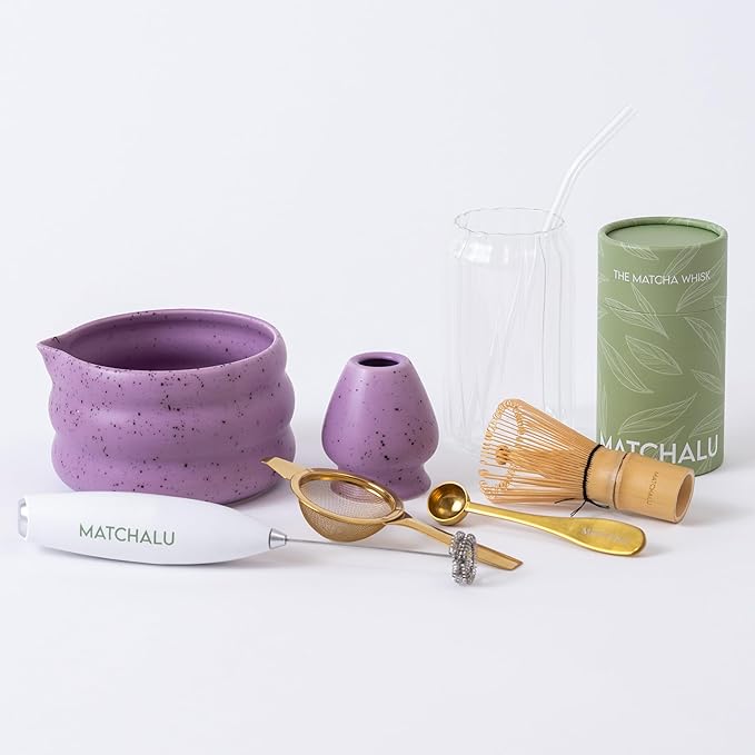 Matcha Whisk Set With Ceramic Matcha Bowl, Bamboo Whisk & Holder, Stainless Steel Spoon & Sifter, Glass Cup & Straw, Electric Frother, Storage Bag - Gift for Matcha Lovers (Premium 9-Piece Set Purple)