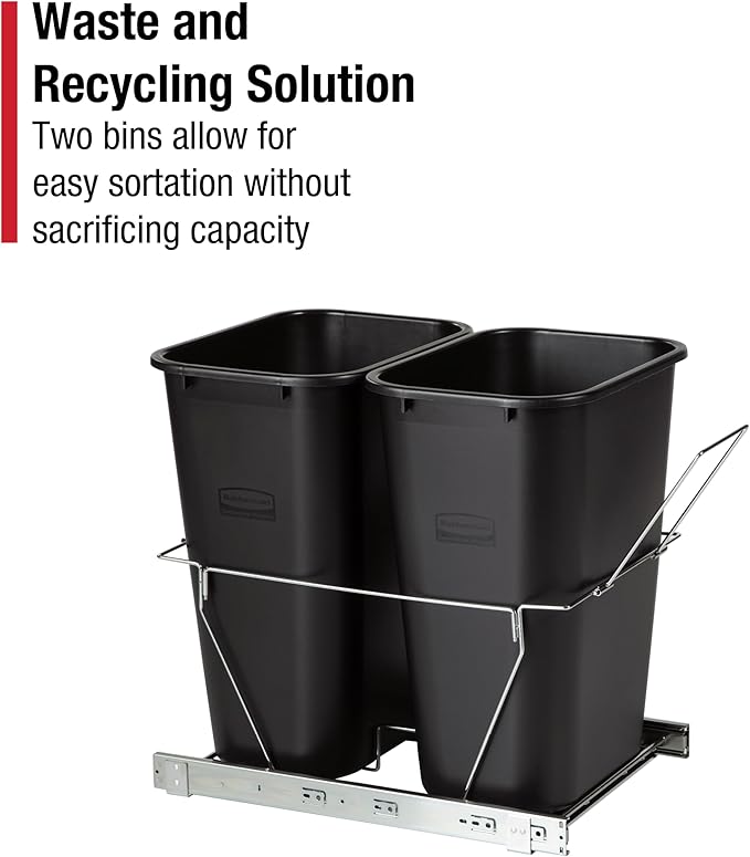 Rubbermaid Kitchen Cabinet Pull-Out Trash Can and Recycling Bin, 20-Gallon, Black, Under Sink Trash/ Recycling, for Home/Kitchen/Bathroom/Office/Garage