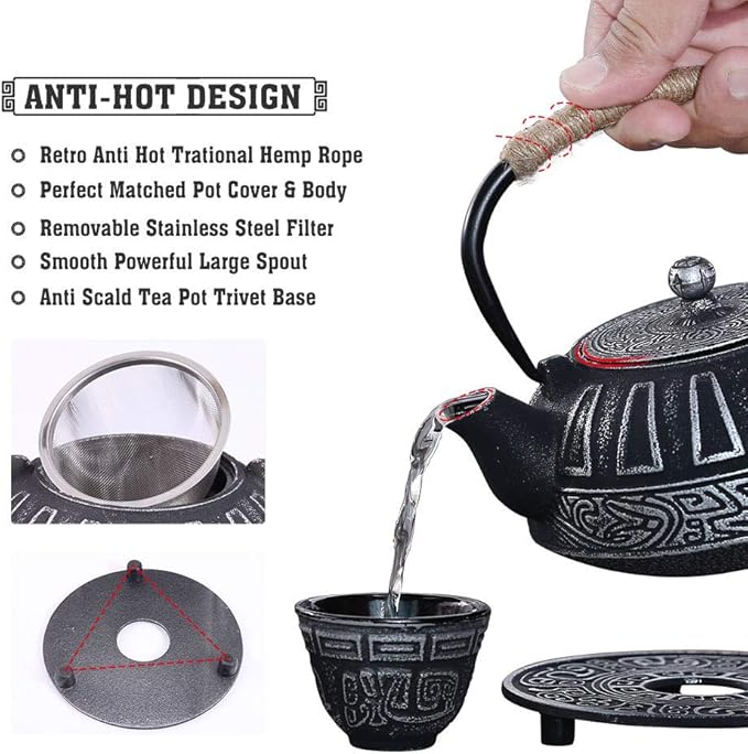 Cast Iron Teapot Set Japanese Style Tea Kettle with Infuser, Enameled Interior Cast Iron Tea Pot with 4 Teacup for Stove Top, Handmade Gift for Friend (28 Ounce, Black)