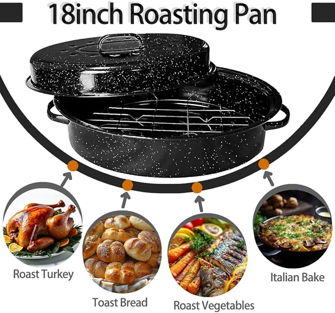 Oval Roasting Pan with Lid and Rack 18" Large Roaster Pan Set Comes With Lron Rack Enamel Cook Ware Dishwasher Compatibility Granite Oven Roaster