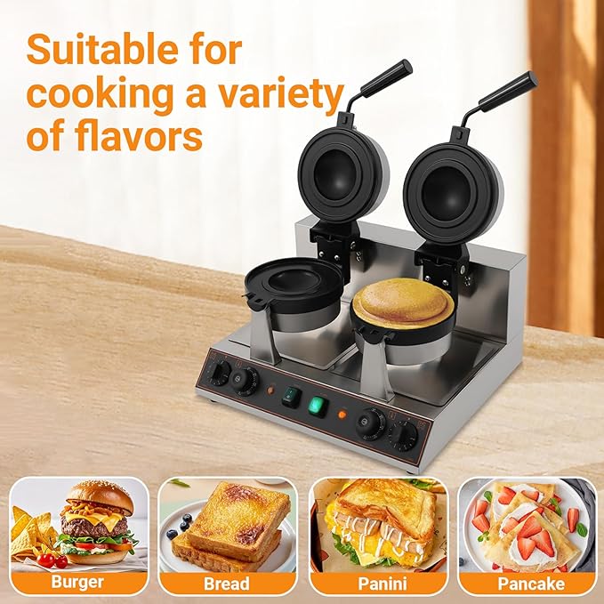 Commercial UFO Burger Maker Electric Double-head Ice Cream Burger Machine 2400W 50-300℃ Temp Control Stainless Steel Waffle Sandwich Panini Press Maker for Restaurant Home Breakfast Shops