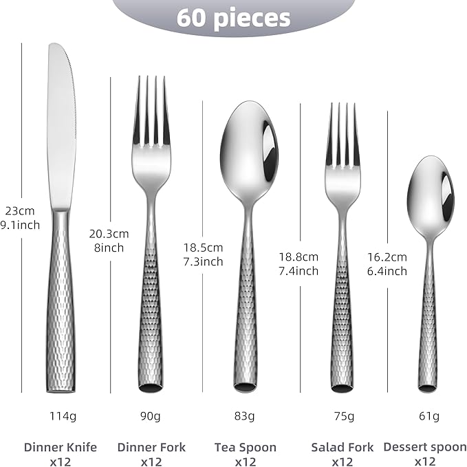 60-Piece Hammered Silverware, 18/10 Heavy Duty Flatware Set for 12, High End Thick Handle Silverware Set, Luxury Forged Design, Dishwasher Safe