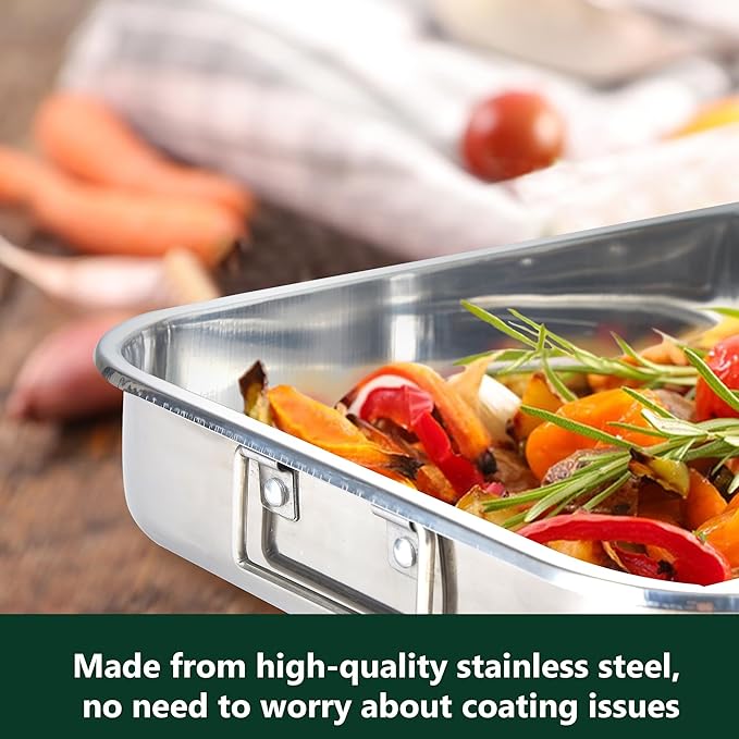 Stainless Steel Roasting Oven Pan: Roaster Pans With Rack & Handles 16.2 * 12.2 * 3 inches - Kitchen Baking Appliances for Turkey Chicken Beef - Kitchen Cookware Gifts for Women Homeowner