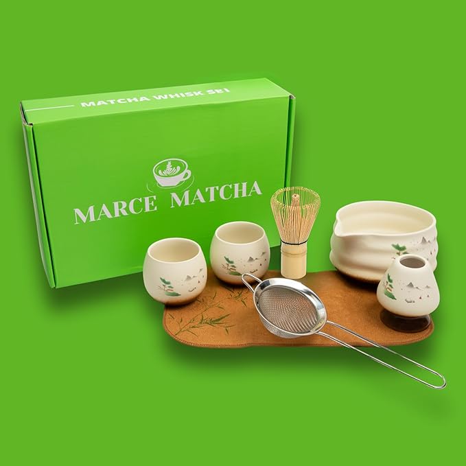 Matcha Whisk Set- Matcha Set includes Matcha Whisk and Bowl (Bowl with Spout), Sifter, Holder and Scoop- The Perfect Bamboo Whisk for Matcha Tea (Cream- 7PC)