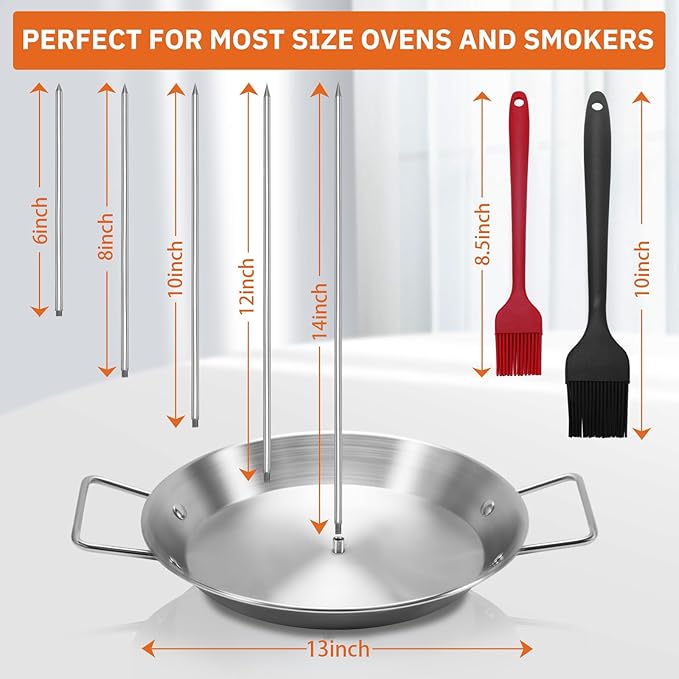 Al Pastor Skewer for Grill, Stainless Steel Vertical Skewer, Brazilian Vertical Spit with 5 Spikes(6"/8”/10"/12”/14")& Brushes, for Tacos Al Pastor, Shawarma Kebabs Smoker Oven BBQ Dishes