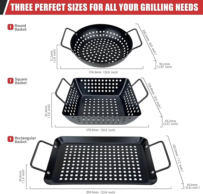 Small Non-Stick 3 Piece Grill Basket Set – BBQ Grilling Basket for Vegetables, Seafood & Meat – Heavy Duty Perforated Grill Pan for Charcoal, Gas and Outdoor Grills, Easy to Clean Grilling Accessories