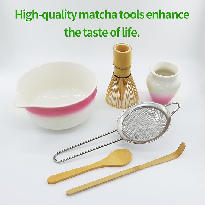 Matcha Whisk Set,7-Pcs Matcha Making Kit with Matcha Bowl,Whisk,Chasen Holder, Sifter, Tea Towel,Measuring Spoon,Bamboo Scoop,Ceremony Matcha Set Lovers Gift(Pink)