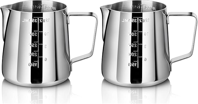 New Star Foodservice 28805 Commercial Grade Stainless Steel 18/8 Frothing Pitcher, 12-Ounce with Measurement Scale (Pack of 2)
