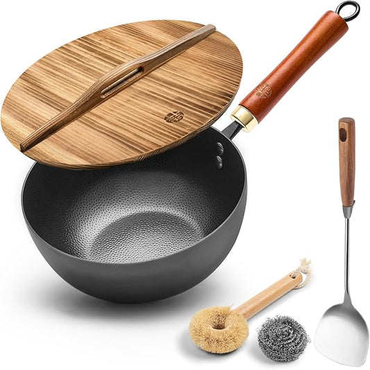 WANGYUANJI 8.7" Small Iron Wok with Solid Wood Lid & Wok Spatula, Deep Frying Pan/Pot, Flat-Bottom, Uncoated & Unseasoned, Induction/Gas/Electric Compatible, Wooden Handle, 2.2-QT