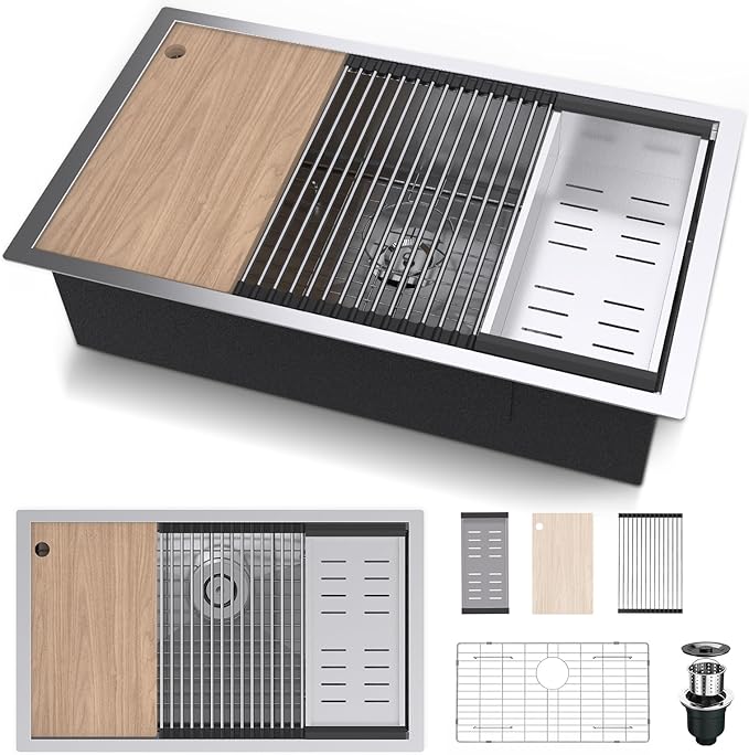 30"x19" Undermount Kitchen Sink, 16 Gauge Single Bowl Stainless Steel Kitchen Sink with Nano Coating & Brushed Finish, Modern Single Bowl with Ledge and Accessories
