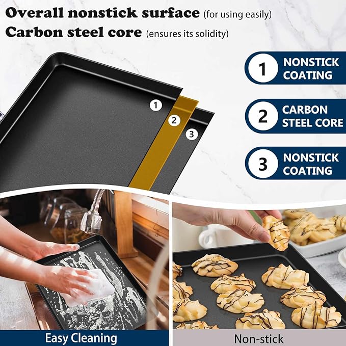 P&P CHEF 16 Inch Baking Cookie Sheet Pan, Carbon Steel Oven Tray, Non Stick Bakeware for Cooking Baking Bread Meat Vegetables, Sturdy & Healthy, Easy Clean, 2Pcs
