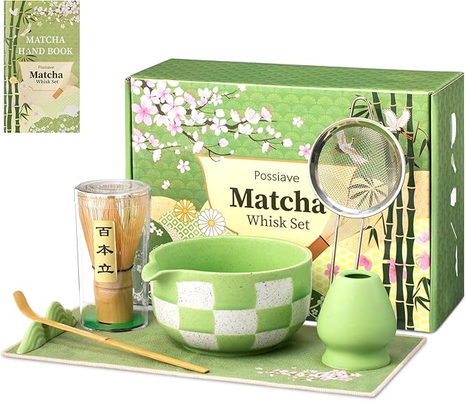 Matcha Whisk Set Gift Box - Matcha Set with Whisk and Bowl, 7 Pcs Matcha Kit Includes Ceramic Matcha Bowl, Bamboo Whisk & Holder, Scoop & Rest, Sifter and Tea Towel, Complete Matcha Making Kit, Green