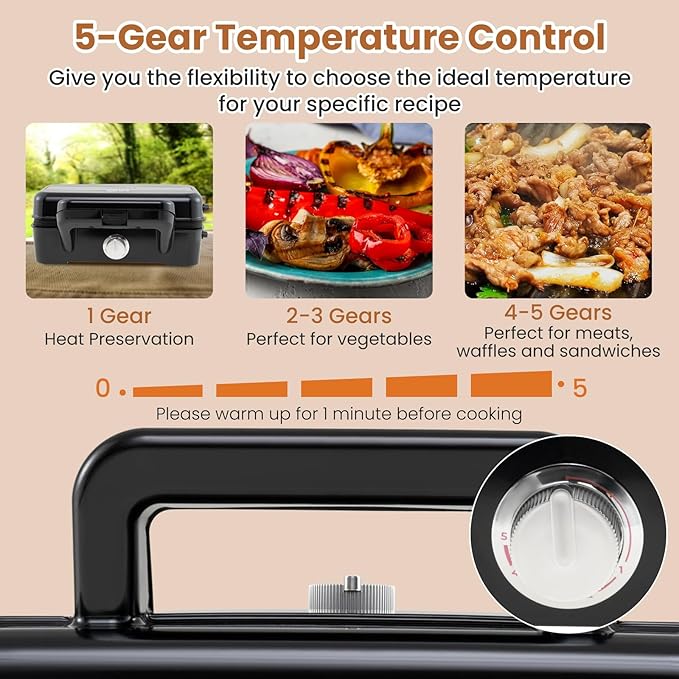 KOTEK 3 In 1 Sandwich Maker, Waffle Maker with Removable Plates, 5-Gear Temperature Control, Non-Stick Coating, Cool Touch Handle & Indicator Lights, Panini Press for Breakfast, 1200W