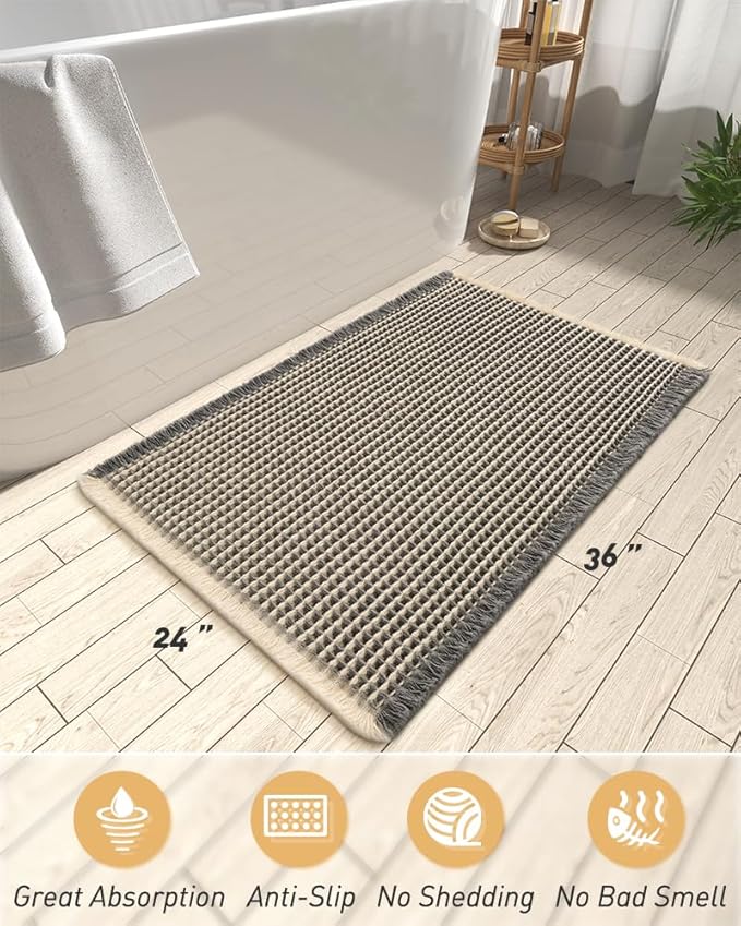 AMOAMI Upgraded Waffle Bath Mat, Super Absorbent Non Slip Bath Mats for Bathroom Floor, Machine Washable Bathroom Rugs with Tassels, Rubber Backed Bathroom Mats Ultra Soft, 24" x 36"