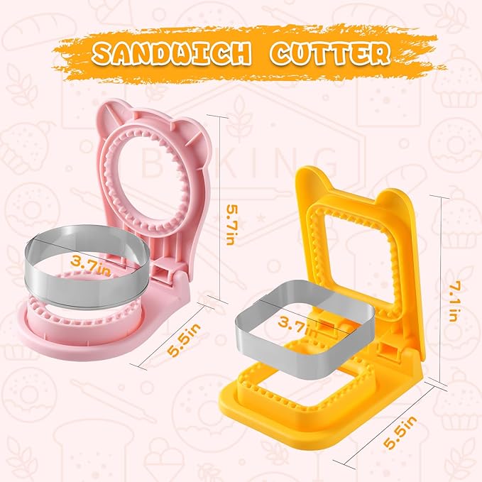 2 Pack Sandwich Cutters For Kids Lunch，Home DIY Round& Square Crustless Sandwich Cutter, 3.7 Inches Sandwich Sealer for Breakfast Lunch, Pink and Yellow