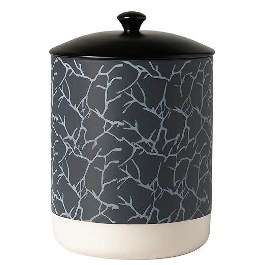 Escenzy Black Textured Bathroom Trash Can with Lid 5L | 7" x 10" | High End Small Garbage Can | Luxury Ceramic Waste Basket for Bathroom, Bedroom, Kitchen, Hotels or Living Room Decor | Ideal Gift