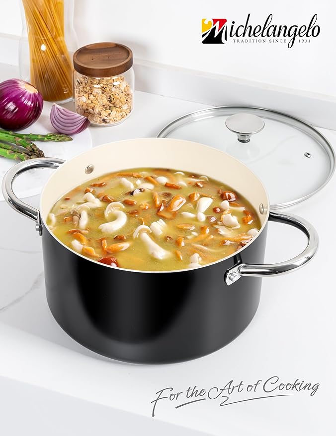 MICHELANGELO Ceramic Stock Pot with Lid, 6 Quart Pot with Nonstick Coating, Induction Cooking Pot for Induction and All Stovetops - 6QT, Black