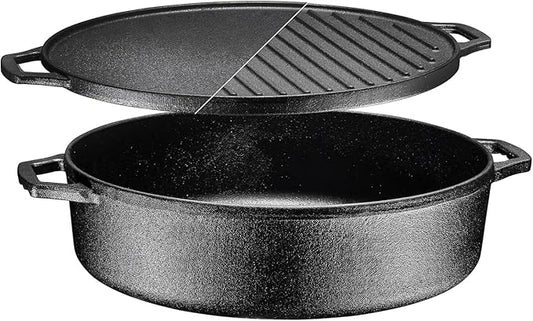 Bruntmor 3-in-1 Pre-Seasoned Cast Iron Skillets with Reversible Grill Griddle Lid - 6.8 Quart Round Deep Roasting Pan for Frying, Grilling, Dutch Oven Cooking - Non-Stick Cast Iron Cookware - Black