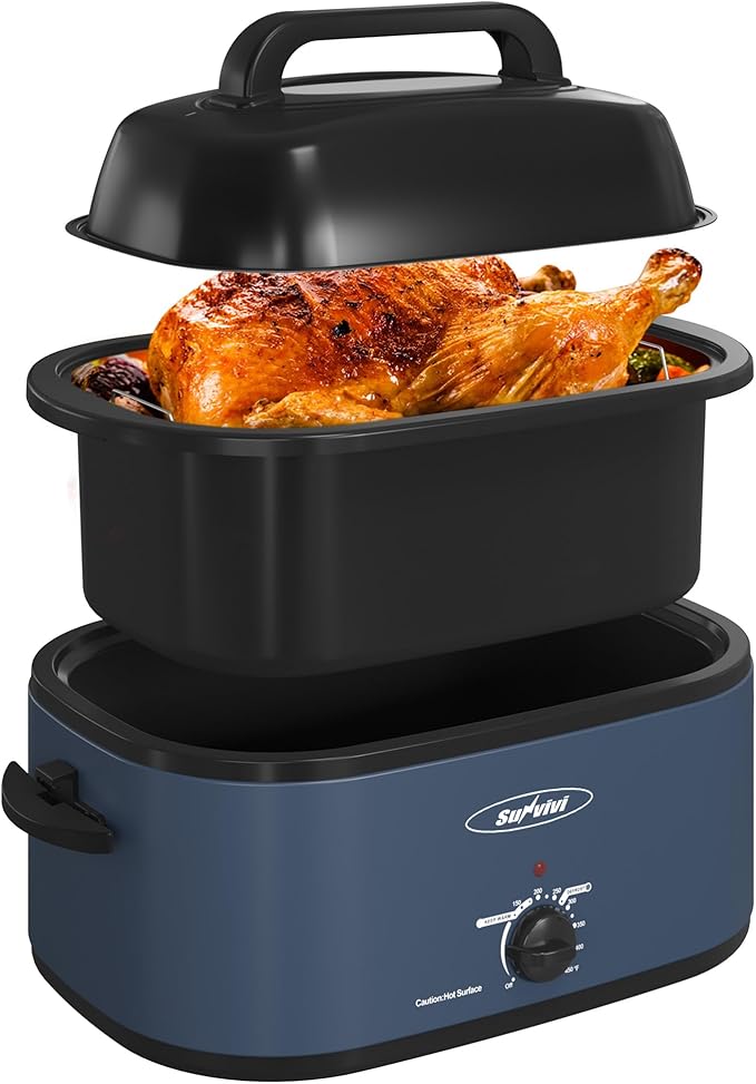 Sunvivi Electric Roaster, 24 Quart Electric Roaster Oven with Glass Lid, Turkey Roaster Oven Buffet with Self-Basting Lid, Removable Pan, Cool-Touch Handles, Blue